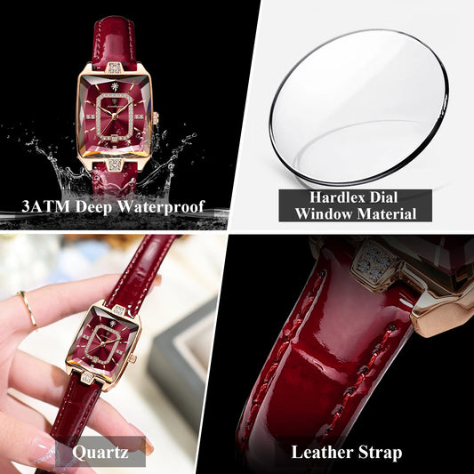 Relógio feminino de luxo à prova d’água com mostrador quadrado e pulseira de couro vermelho