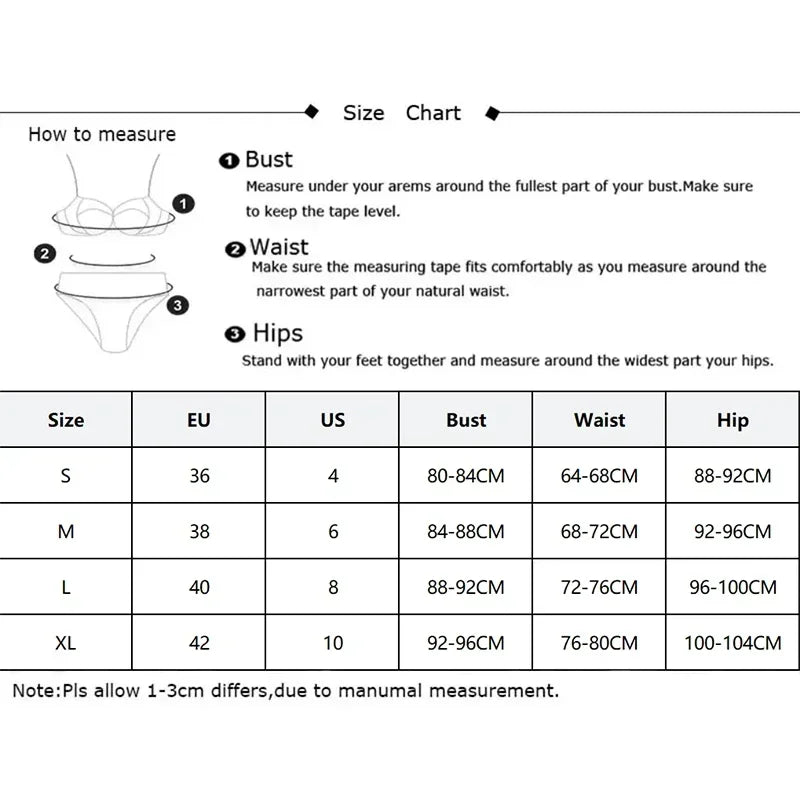 Tabela de tamanhos para pijama feminino rendado com medidas de busto, cintura e quadris em centímetros
