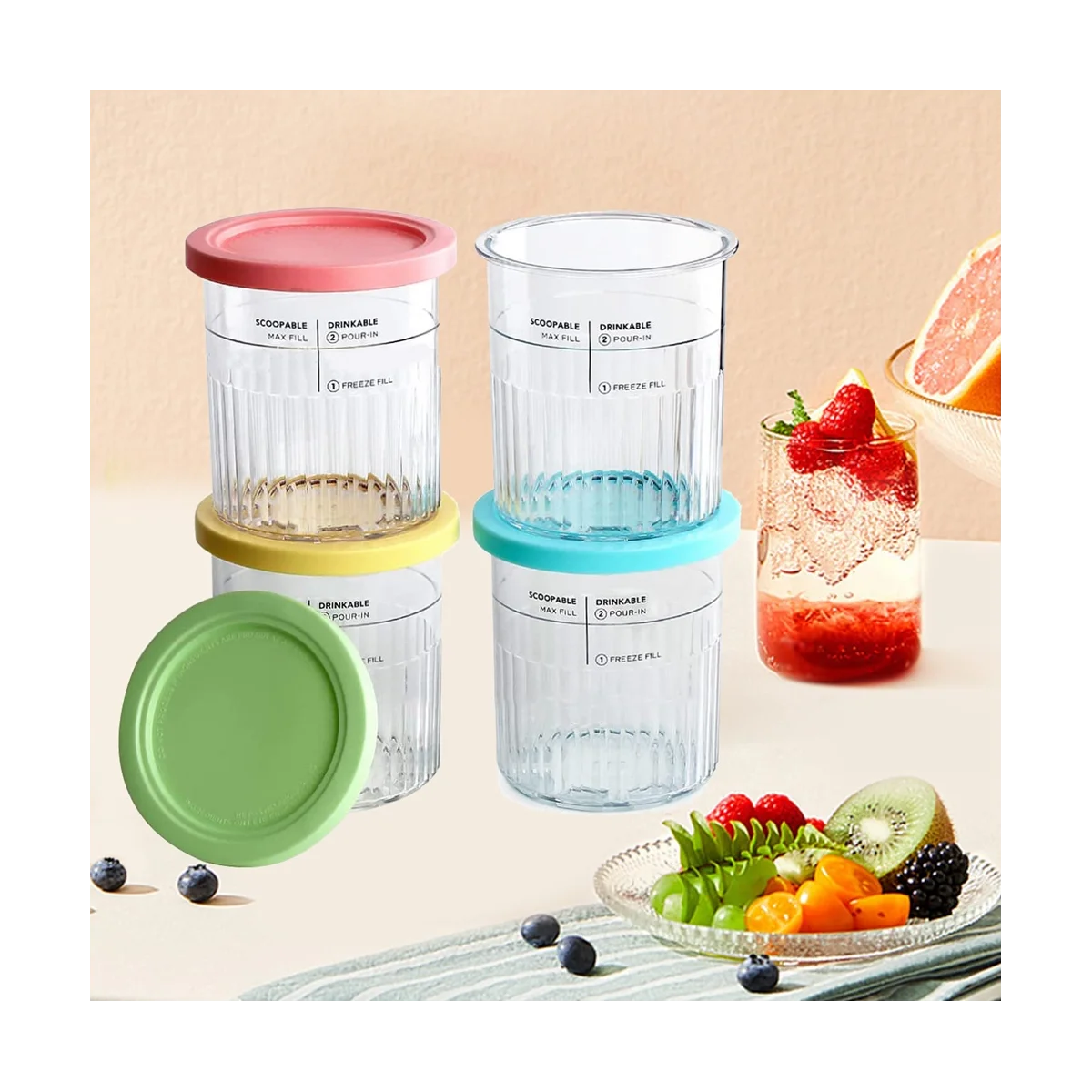 Conjunto de potes sorvete Ninja Cream com tampas coloridas para armazenar sorvetes e sobremesas