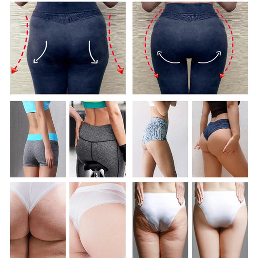 Óleo para crescimento das nádegas mostrando antes e depois do uso do creme firmador para quadril grande