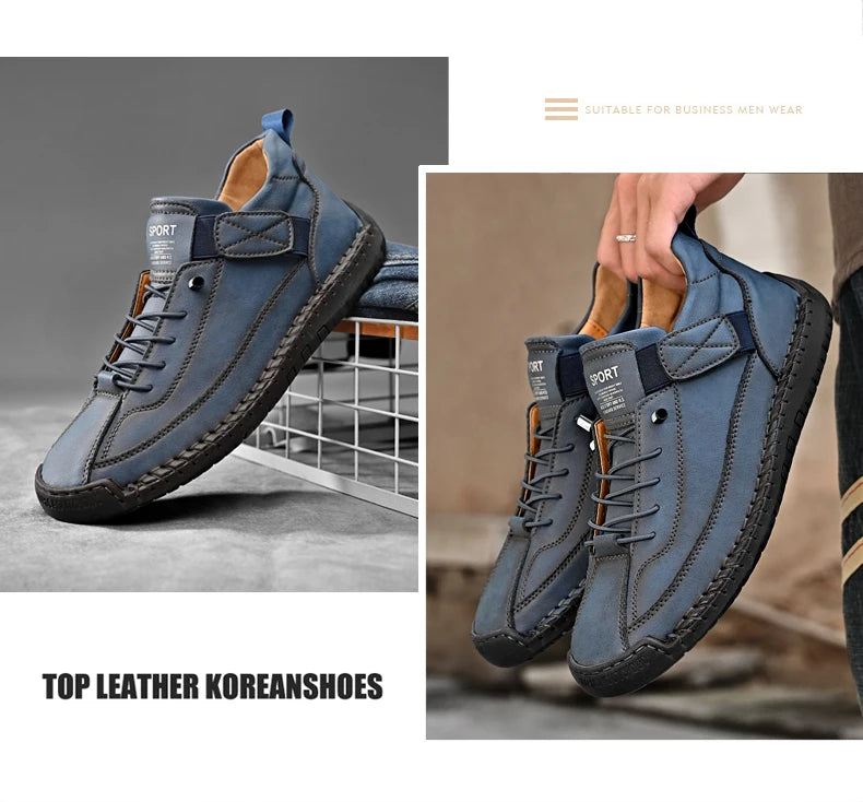 Sapato masculino plus size em couro azul com design moderno e solado antiderrapante
