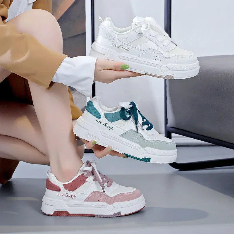 Tênis feminino YBQJOO em cores branca e rosa, sapatos plataforma chunky confortáveis e estilosos