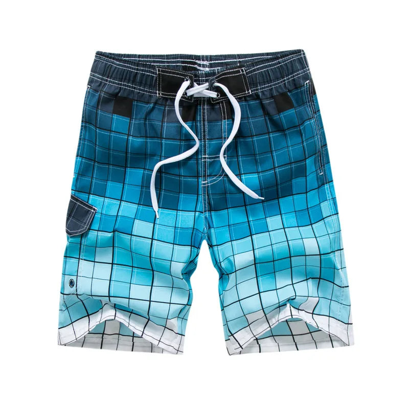 Shorts de praia masculina plus size com estampa em quadrados e cordão ajustável