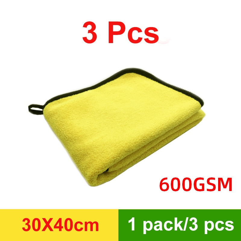 Conjunto de 3 toalhas de microfibra carro amarelas de 30x40cm com 600GSM para limpeza eficaz