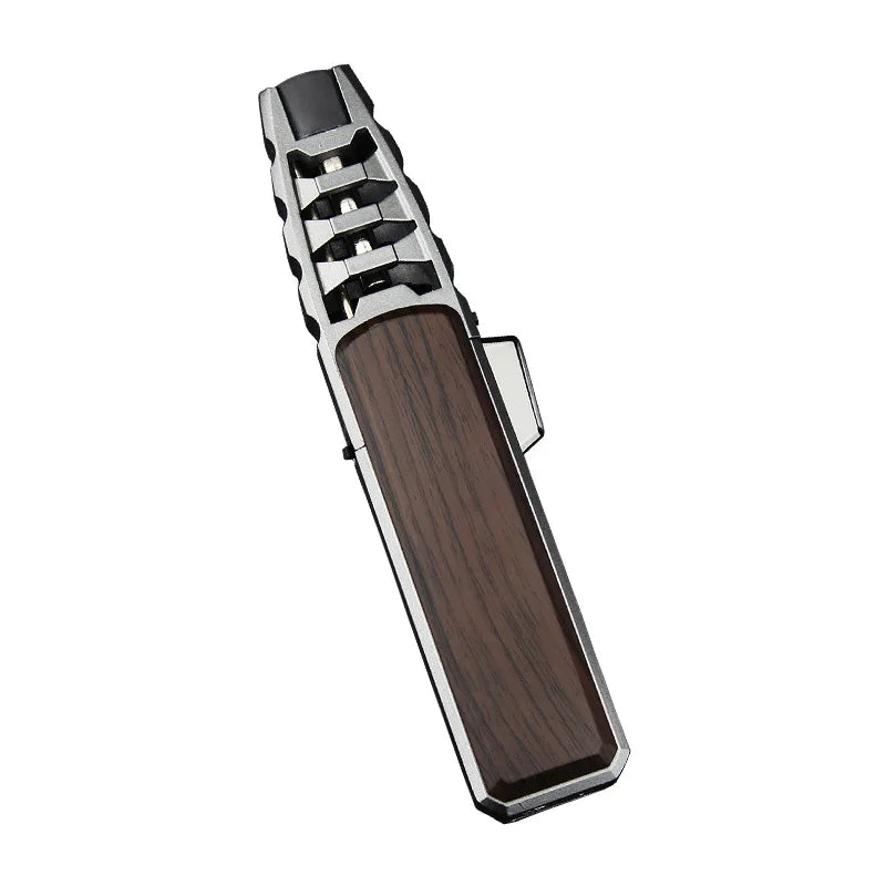 Tocha de chama de jato com acabamento em metal e madeira, ideal para churrasco e atividades ao ar livre