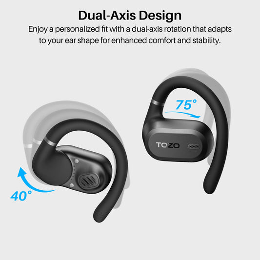 Fone de ouvido bluetooth esportivo TOZO com design de eixo duplo para conforto e estabilidade melhorados