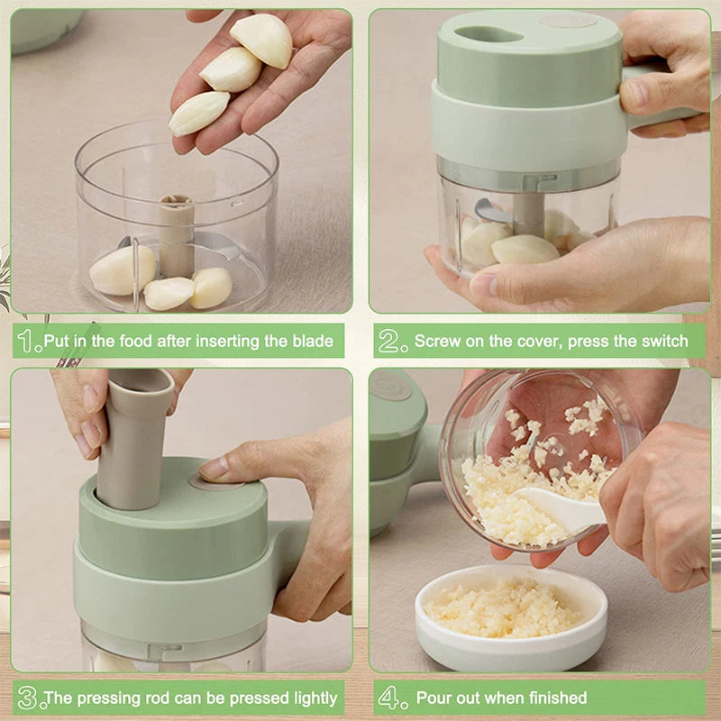Triturador de alho com USB mostrando etapas de uso e preparação de legumes picados