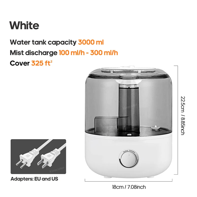 Umidificador de ar 3L KINSCOTER em branco com capacidade de tanque de 3000 ml e névoa ajustável