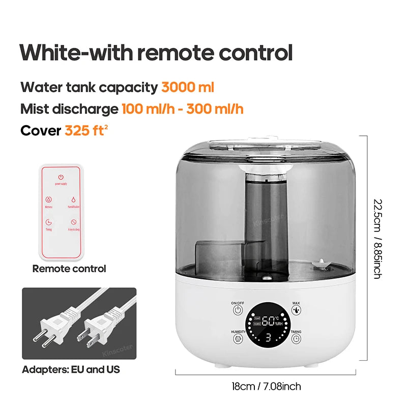 Umidificador de ar 3L KINSCOTER com controle remoto e capacidade de tanque de 3000 ml