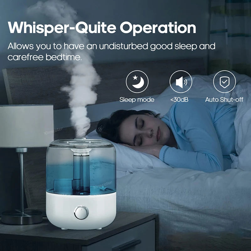 Umidificador de ar 3L KINSCOTER em operação silenciosa, ideal para noites tranquilas de sono