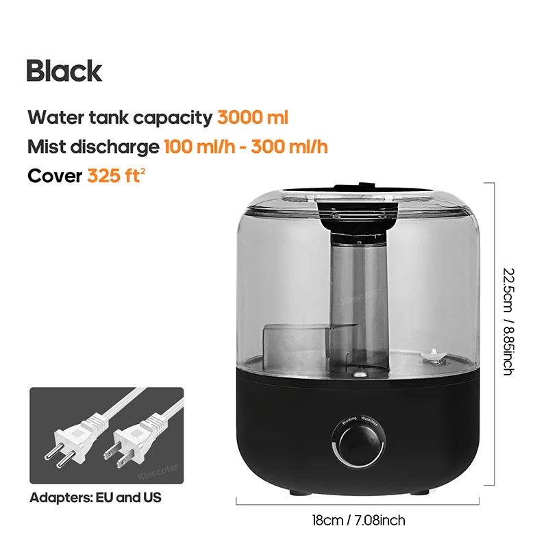 Umidificador de ar 3L KINSCOTER em preto com tanque de água de 3000 ml e capacidade de cobertura de 325 pés quadrados
