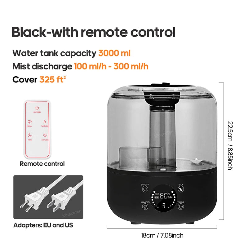 Umidificador de ar 3L portátil KINSCOTER com controle remoto e capacidade de 3000 ml
