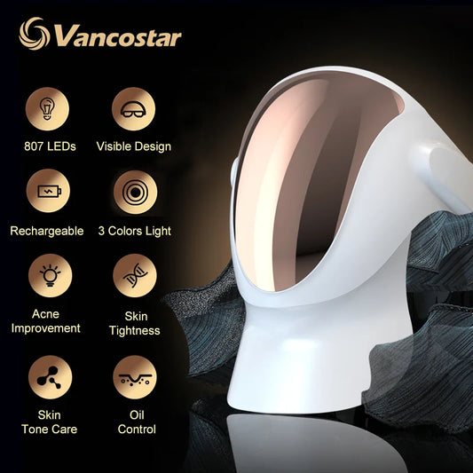 Máscara fotodinâmica facial VANCOSTAR com 807 LEDs para tratamento antiacne com luz led e cuidados da pele