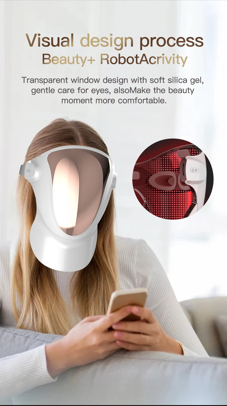 Máscara fotodinâmica facial VANCOSTAR utilizada para tratamento antiacne com luz led, com design transparente e conforto em gel de sílica