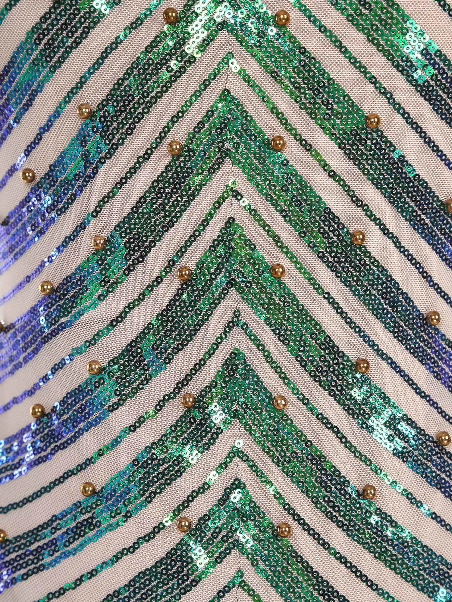 Mini vestido feminino com lantejoulas em tons de verde com detalhes em dourado