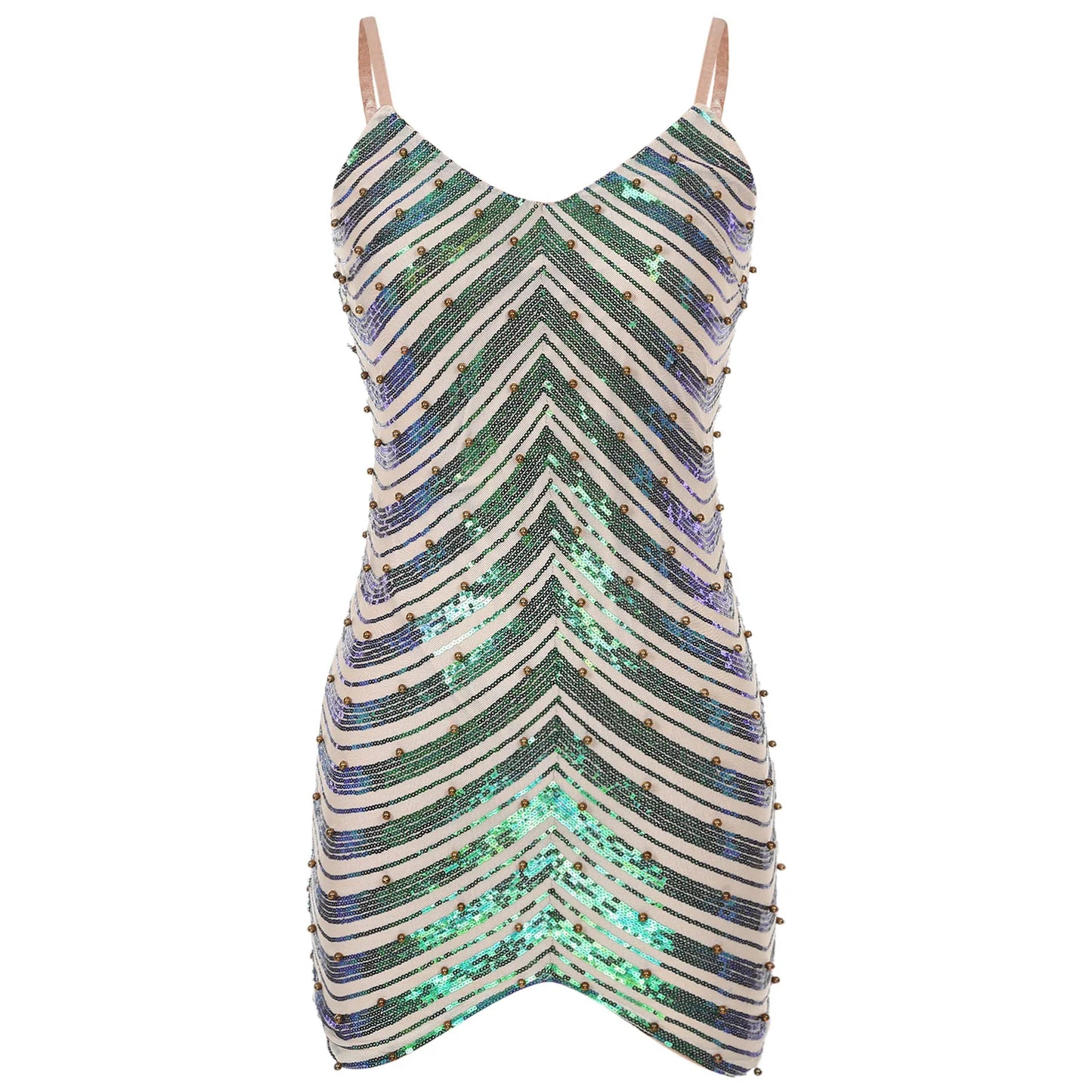 Mini vestido feminino com lantejoulas nas cores verde e dourado, ideal para festas e eventos especiais