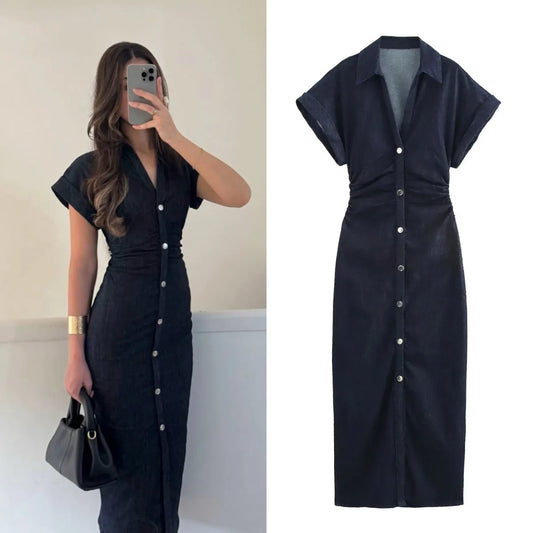 Vestido jeans midi feminino ETJ preto com botões frontais e decote em V elegante