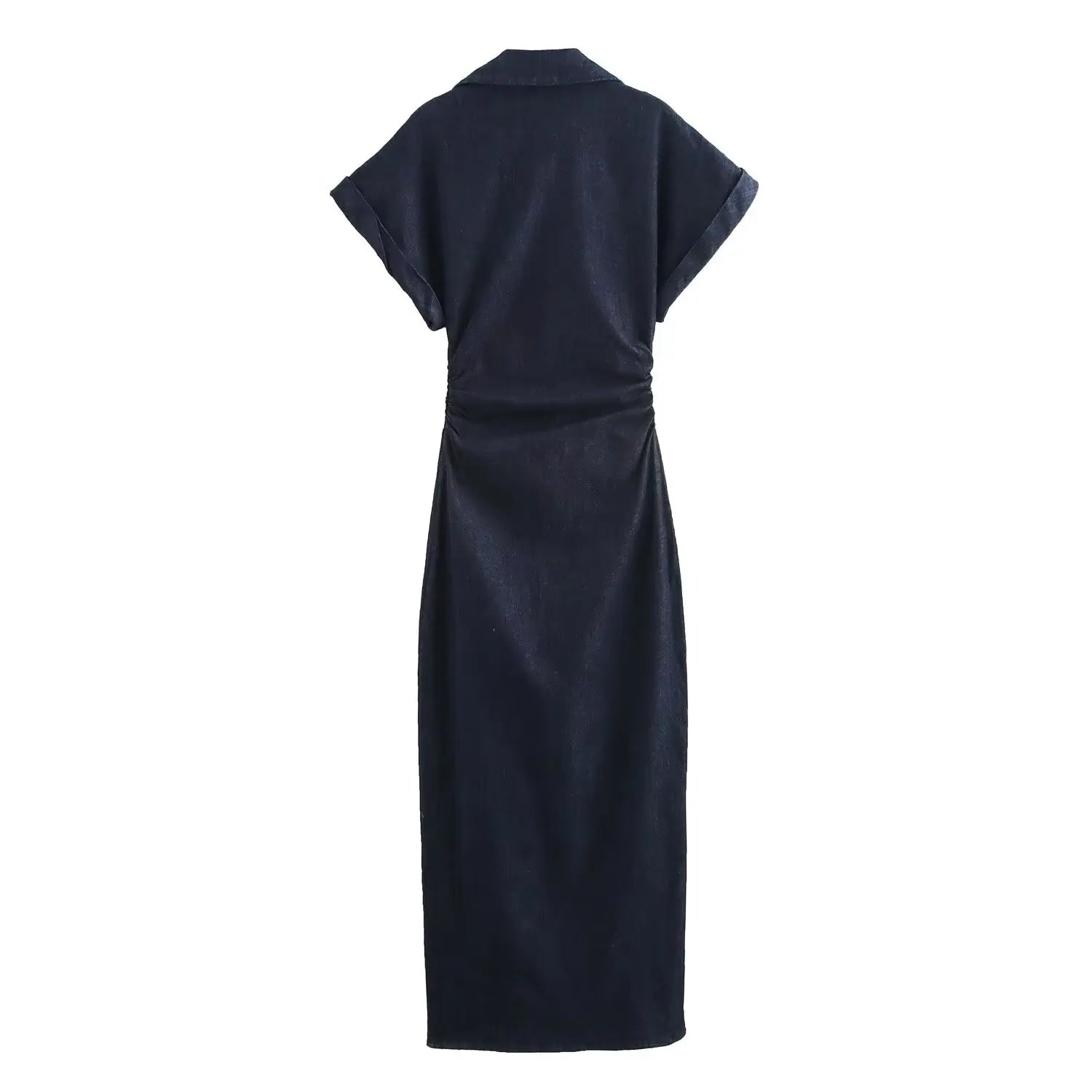 Vestido jeans midi feminino ETJ azul escuro com manga curta e modelagem ajustada