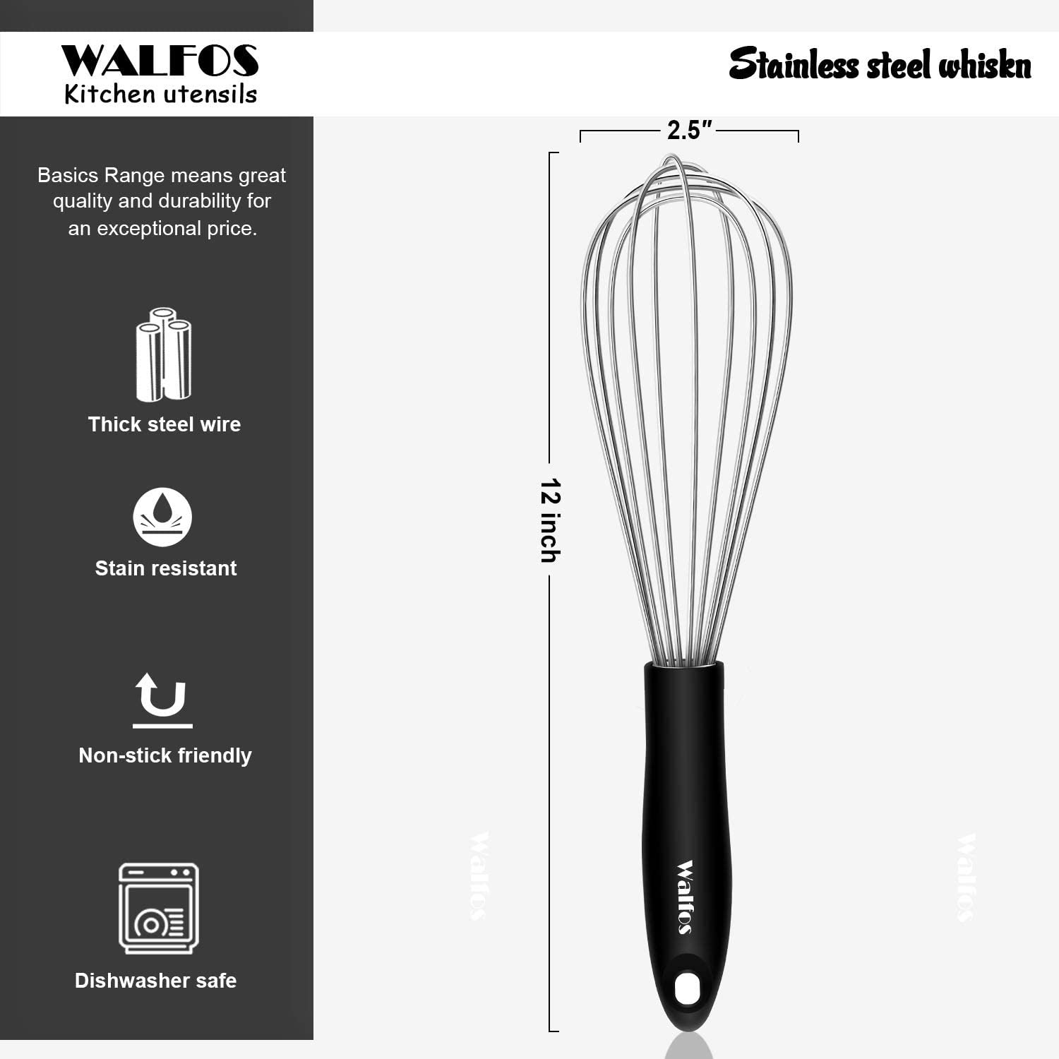 Batedor de ovos inox Walfos com design resistente e cabo ergonômico para fácil manuseio