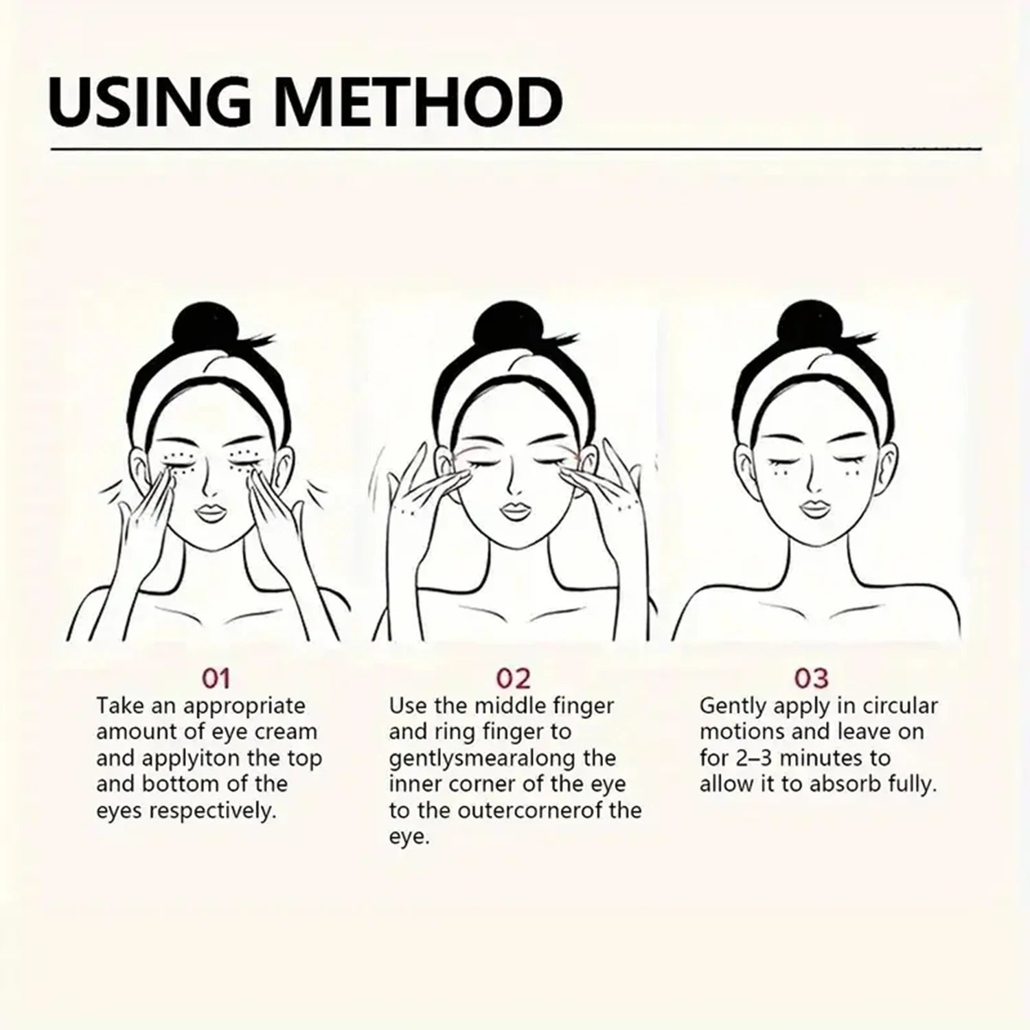 Instruções de uso do creme rejuvenescedor 5 em 1 para área dos olhos com aplicação em movimentos circulares