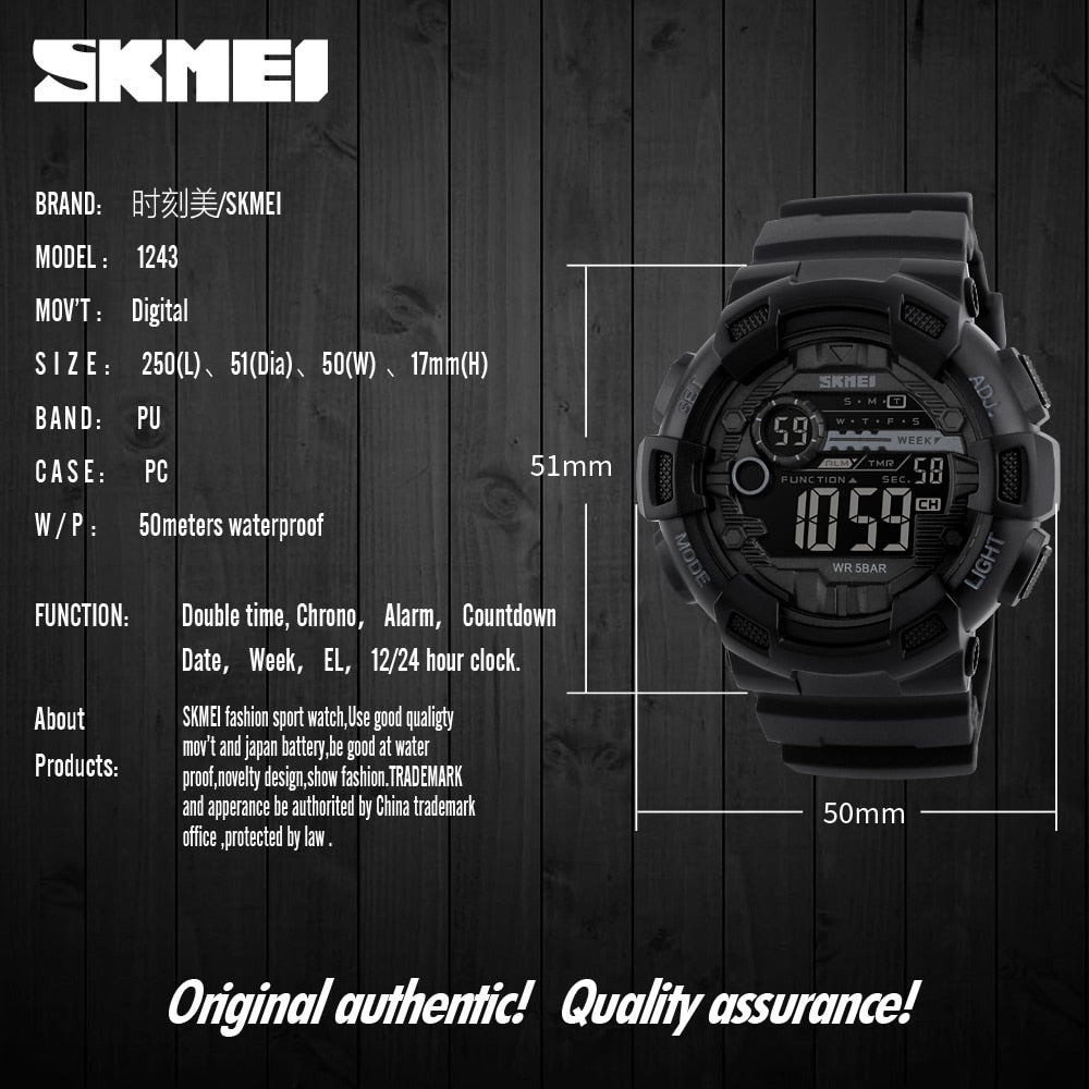 SKMEI Relógio Esportivo Ao Ar Livre Masculino Multifuncional 5Bar À Prova D' Água Pulseira PU Relógios Display LED Chrono Relógio Digital reloj hombre 1243 SKMEI