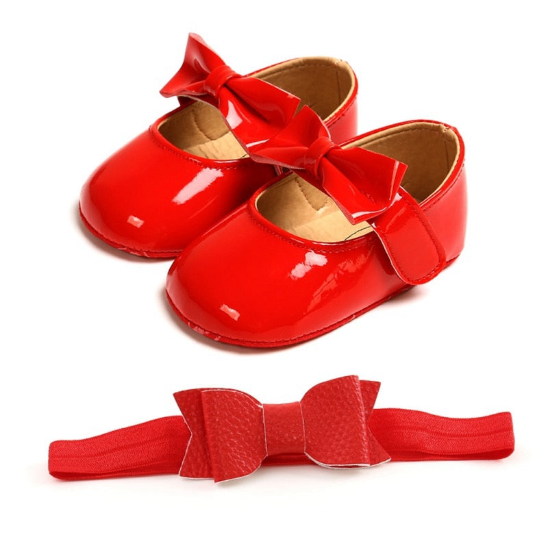 Sapatos de bebê com lantejoulas, couro, bebê, menina, primeiros andadores, conjuntos de bandana, laço, sola macia, gancho &amp; Sapatos de laço para meninas Baywell