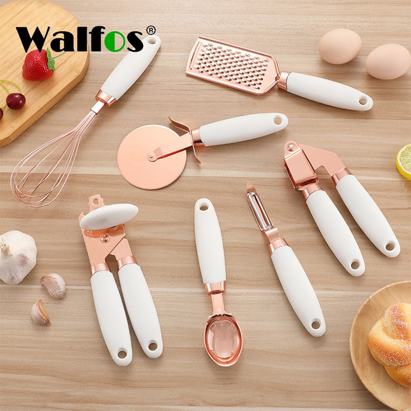 Conjunto de utensílio de cozinha Walfos 7 peças Utensílios de aço inoxidável revestido de cobre com toque suave ouro rosa Prensa de alho Cortador de pizza Walfos