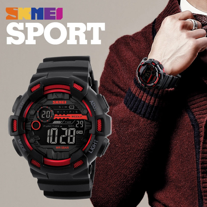 SKMEI Relógio Esportivo Ao Ar Livre Masculino Multifuncional 5Bar À Prova D' Água Pulseira PU Relógios Display LED Chrono Relógio Digital reloj hombre 1243 SKMEI