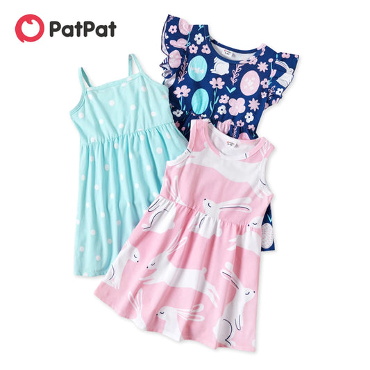 Pacote de 3 vestidos PatPat primavera e outono para meninas pequenas e conjunto de vestidos lisos de manga curta e comprida roupas infantis fofas PATPAT