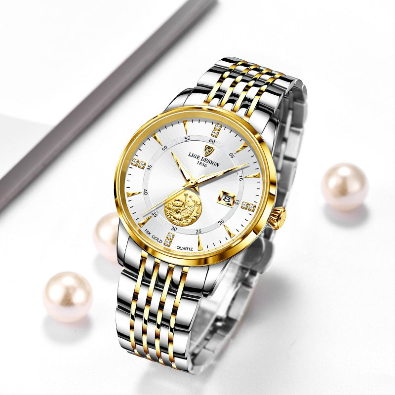 Relógios de pulso femininos Marca de Luxo Moda Relógio Feminino Elegante Relógio de Pulso Aço Dourado LIGE Relógio Feminino Casual à Prova D' Água Montre Femme Novo LIGE