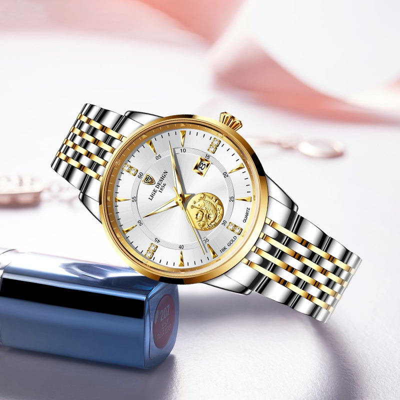 Relógios de pulso femininos Marca de Luxo Moda Relógio Feminino Elegante Relógio de Pulso Aço Dourado LIGE Relógio Feminino Casual à Prova D' Água Montre Femme Novo LIGE