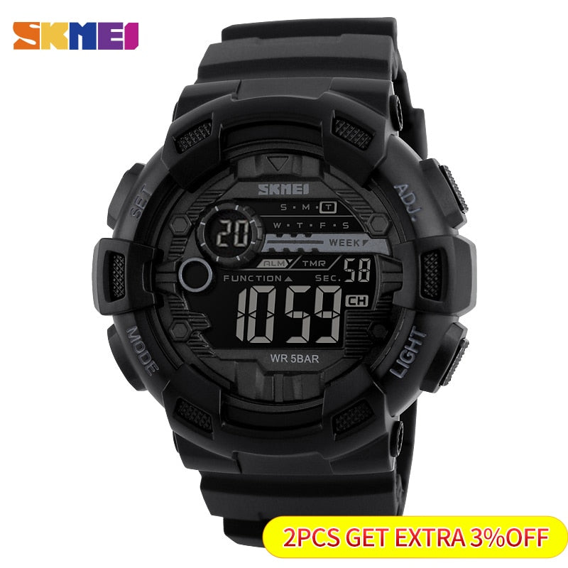 SKMEI Relógio Esportivo Ao Ar Livre Masculino Multifuncional 5Bar À Prova D' Água Pulseira PU Relógios Display LED Chrono Relógio Digital reloj hombre 1243 SKMEI