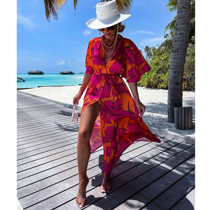 2023 Maiô Feminino Cobertura Kaftan Manga Comprida Vestido Túnica de Praia Robe De Plage Estampado Chiffon Pareo Gola Alta Roupa de Praia Polovedo