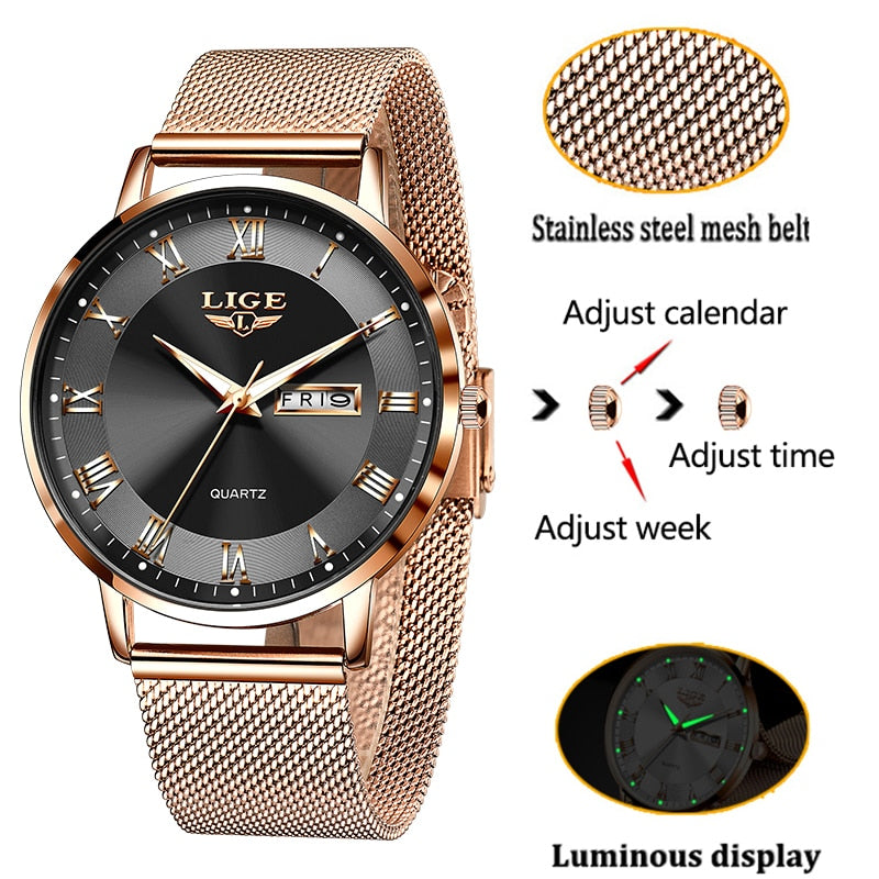 LIGE Relógio Feminino Pulseira Quartzo Relógio Movimento Simples À Prova D' Água Ouro Rosa Malha Aço Inoxidável Relógios Femininos Relogio Feminino LIGE