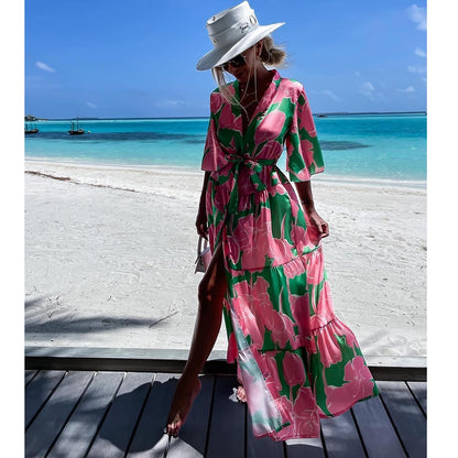 2023 Maiô Feminino Cobertura Kaftan Manga Comprida Vestido Túnica de Praia Robe De Plage Estampado Chiffon Pareo Gola Alta Roupa de Praia Polovedo