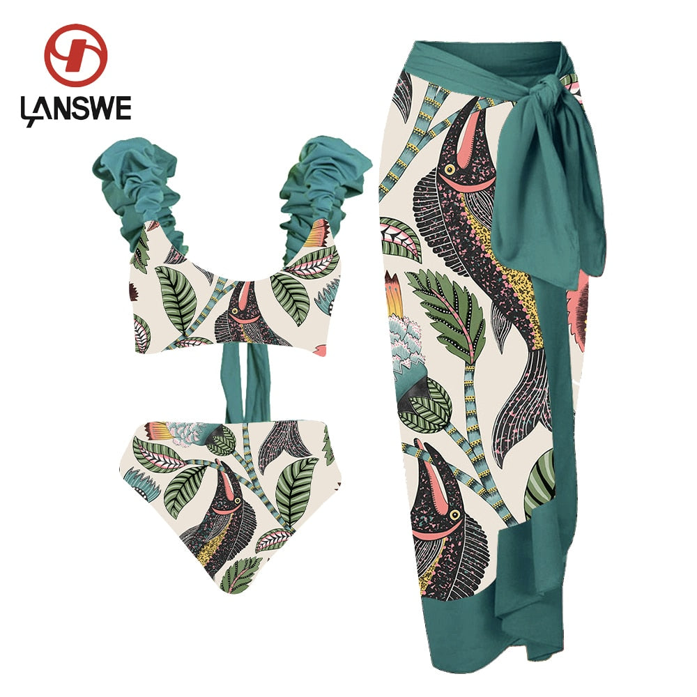 Lanswe 2023 Nova Moda Feminina Fato de Banho Dividido Estampa Retrô Conjunto de Biquíni Boho Sexy Verão Praia Spa Resort Roupa de Banho Brasileira LANSWE