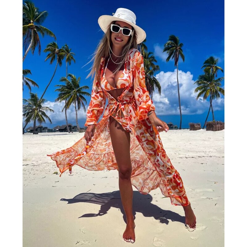 2023 Maiô Feminino Cobertura Kaftan Manga Comprida Vestido Túnica de Praia Robe De Plage Estampado Chiffon Pareo Gola Alta Roupa de Praia Polovedo