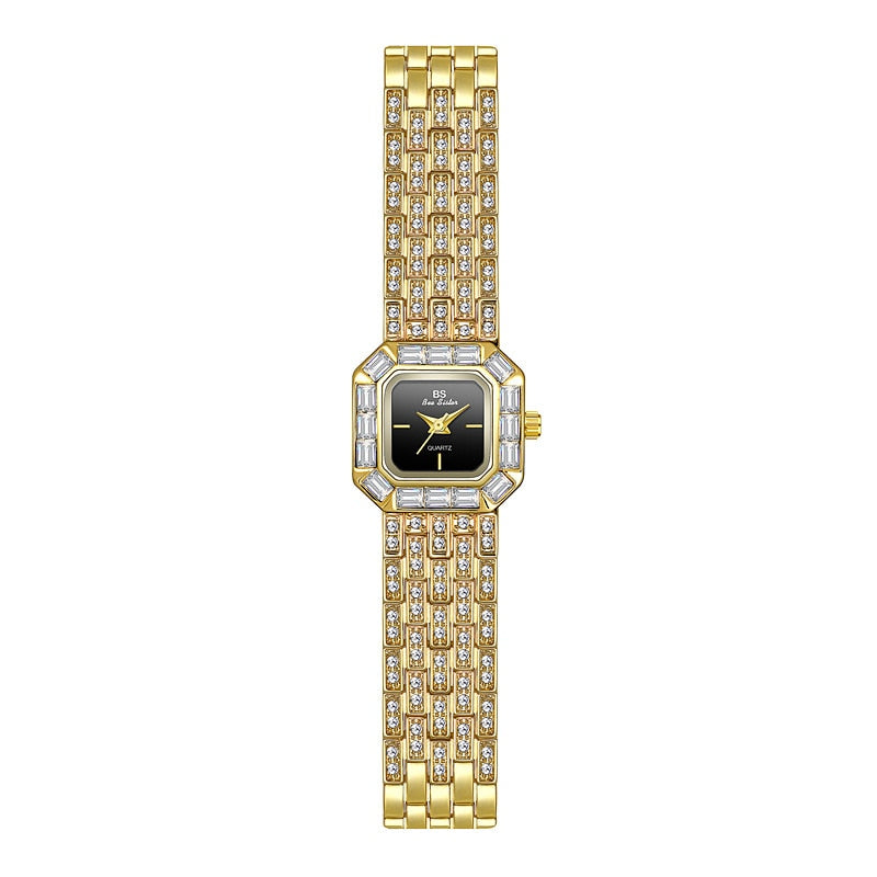 Relógios femininos de marca de luxo com strass, pulseira, relógios de pulso para mulheres, ouro, relógio de quartzo, vestido fashion, diamante, relógio de pulso feminino BS