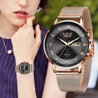 LIGE Relógio Feminino Pulseira Quartzo Relógio Movimento Simples À Prova D' Água Ouro Rosa Malha Aço Inoxidável Relógios Femininos Relogio Feminino LIGE