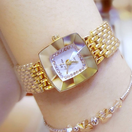 Relógio de pulso feminino 2025 da BS com mostrador quadrado e pulseira dourada brilhante