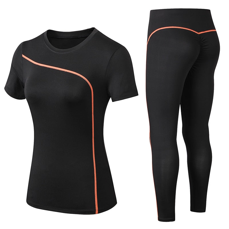 Conjunto de ioga manga curta da YUERLIAN em preto com detalhes em laranja, ideal para práticas de ioga.