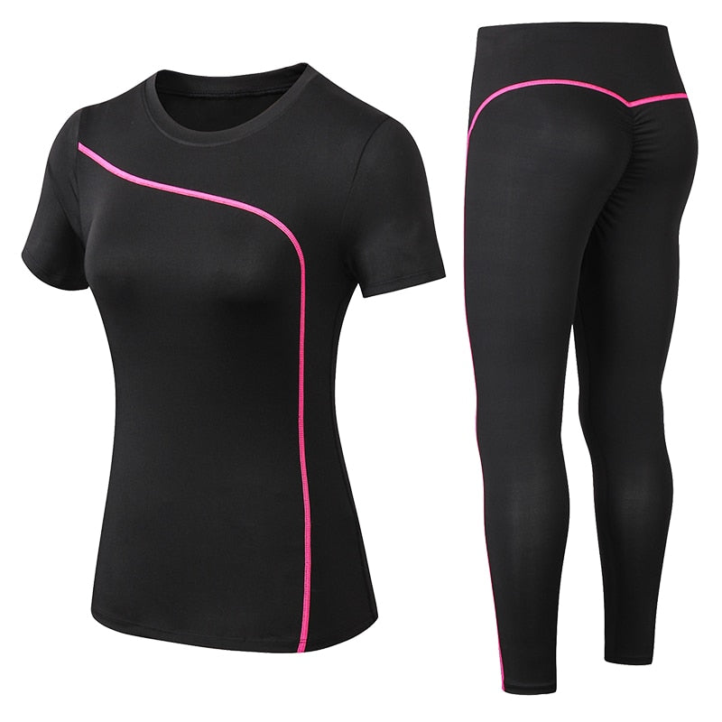 Conjunto de ioga manga curta feminino em preto com detalhes em rosa, ideal para atividades físicas