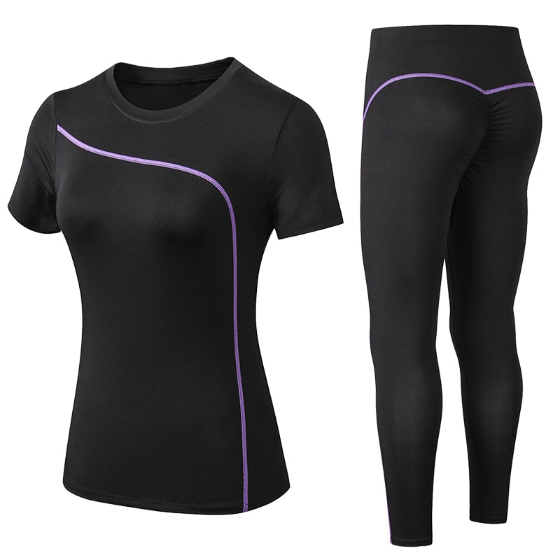 Conjunto de ioga manga curta feminina da YUERLIAN em preto com detalhes em roxo, ideal para exercícios