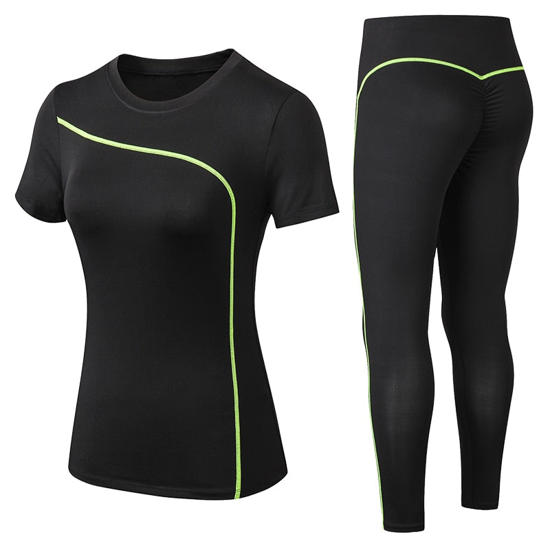 Conjunto de ioga manga curta feminino YUERLIAN em preto com detalhes em verde para conforto e estilo durante o treino