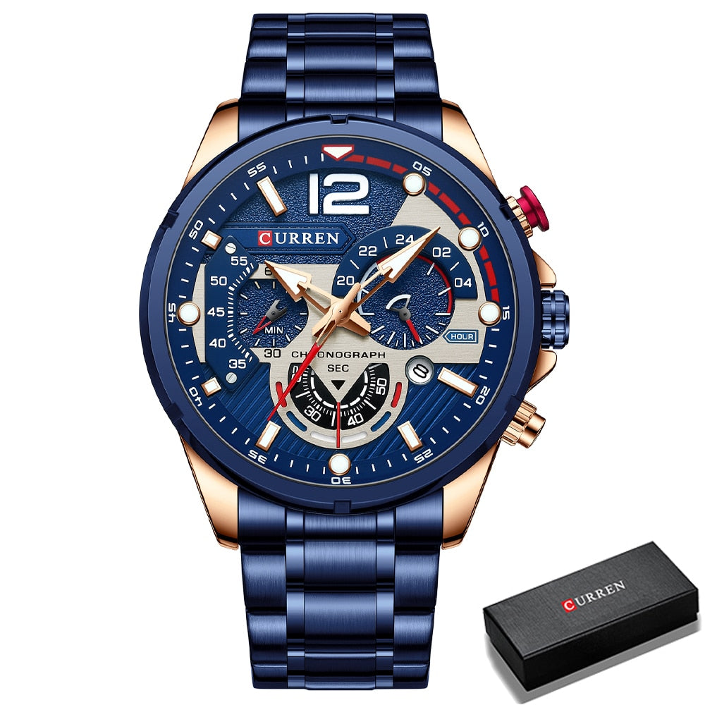 Relógio de pulso masculino CURREN com mostrador azul e cronógrafo, pulseira de aço inoxidável