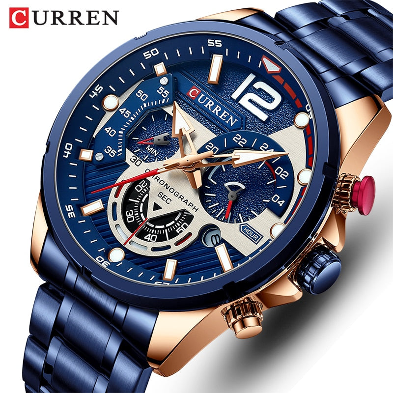 Relógio de pulso masculino CURREN em azul com funções de cronógrafo e detalhes em dourado