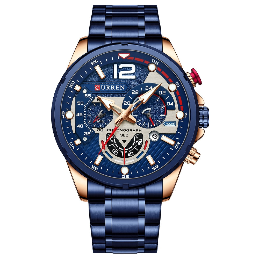 Relógio de pulso masculino CURREN azul com cronômetro e pulseira de metal estilosa