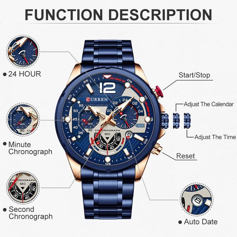 Relógio de pulso masculino CURREN azul com cronógrafos e ajuste automático de data
