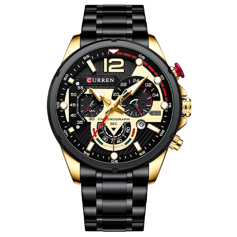 Relógio de pulso masculino CURREN em preto e dourado com cronógrafo e design moderno