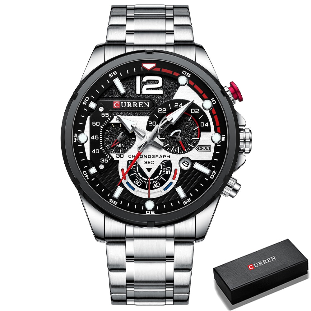 Relógio de pulso masculino CURREN com cronógrafo e mostrador em preto, pulseira de metal prateada